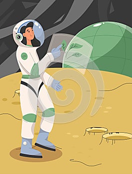 Female astronaut studying plants