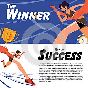 Female athlete crossing finish line. successful and get achievement concept - vector