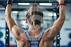 female athlete with earbuds doing chinups on bar