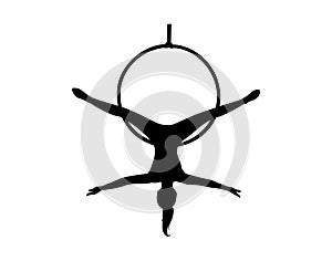 Female athlete silhouette training in the aerial hoop. Woman acrobat in circus. Vector illustration