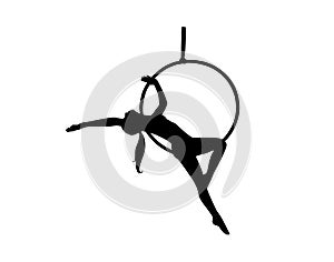 Female athlete silhouette training in the aerial lyra. Woman acrobat in circus. Vector illustration