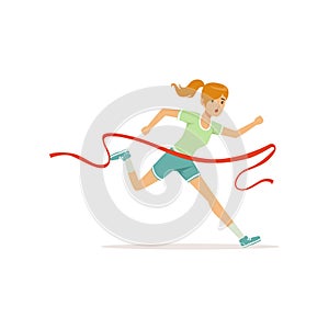 Female athlete taking part in running marathon. Woman character cross finish line. Girl runner in shorts and t-shirt