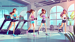 Female athletes exercising at a gym, fit smiling girls on treadmills, cartoon modern illustration showing female athlete