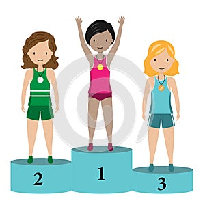 Female athletes on the podium. Olympics cartoon.