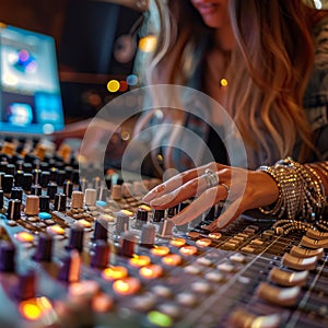 Female audio engineer adjusting sound mixer in recording studio