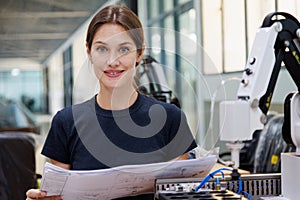 Female automation machine engineer student study and inspection control robot machine in university workshop. ai robot technology