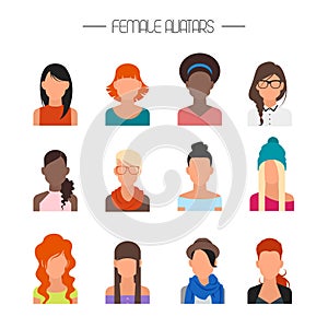 Female avatar icons vector set. People characters in flat style. Design elements on background.