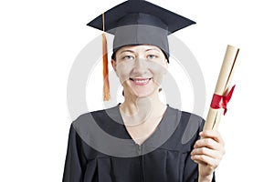 Female bachelor in mantle holding diploma