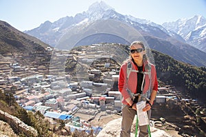 Female backpacker by Namche Bazaar