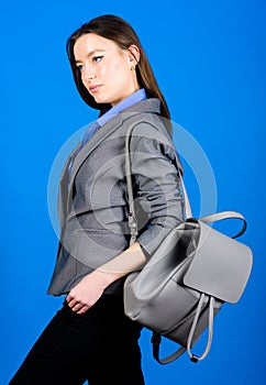 Female bag fashion. business. Shool girl with knapsack. girl student in formal clothes. student life. Smart beauty. Nerd