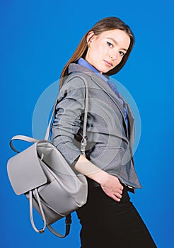 Female bag fashion. girl student in formal clothes. student life. Smart beauty. Nerd. business. Shool girl with knapsack
