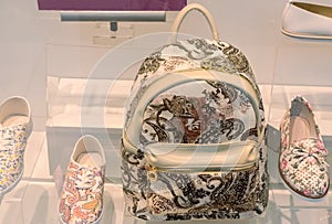 Female bag and shoes in a shop window.