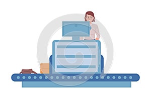 Female baggage and cargo handler in airport semi flat color vector character