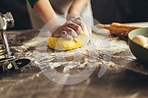 Female baker hands kneading the dough with flour powder