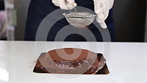 Female baker powdering chocolate cake with cocoa powder.