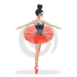 Female ballet dancer performing elegant dance pose, dressed black leotard red tutu, ballet shoes