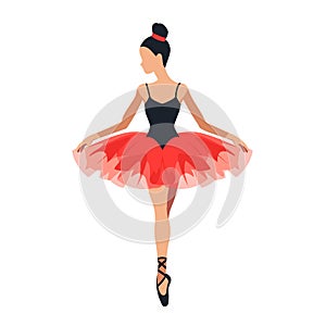 Female ballet dancer performing en pointe black leotard red tutu. Ballerina hair bun practices