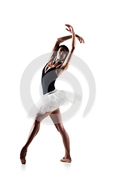 Female ballet dancer wearing tutu. Prima ballerina posing on white background photo