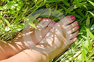 Female bare feet on green grass