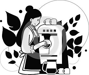 Female barista making coffee from coffee machine illustration in doodle style