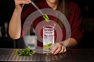 Female bartender adding a leaf of fresh mint to a glass with cane sugar and lime