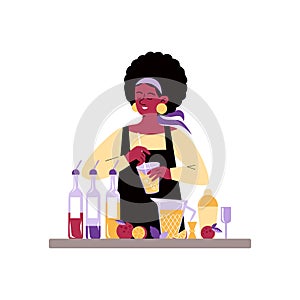 Female bartender mixing drinks and cocktails, flat vector illustration isolated.