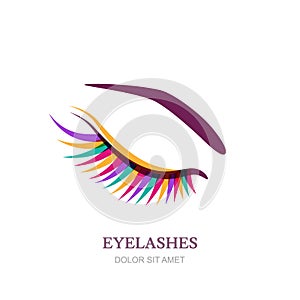 Female eye with colorful eyelashes. Vector logo, emblem design. Concept for beauty salon, cosmetics, visage and makeup. photo