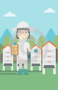 Female bee-keeper at apiary vector illustration.