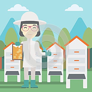 Female bee-keeper at apiary vector illustration.