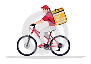 Female bike courier with food delivery semi flat RGB color vector illustration