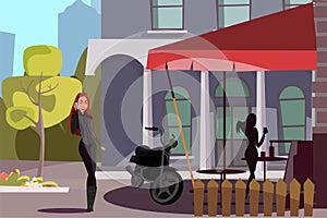 Female biker outside cafe flat vector illustration