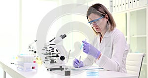 Female biochemist takes notes examining liquid samples in test tubes during scientific research in laboratory