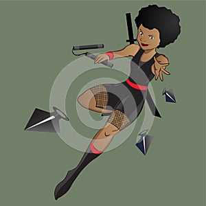 Female black afro ninja character with nunchaku and kunai