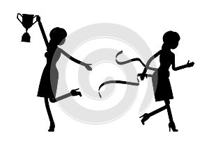 Female black silhouette, businesswoman or office worker winner run, victory