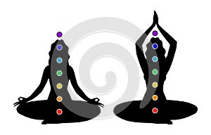 Female black silhouette with seven colored chakras. A woman practices yoga in the lotus position with the designation of
