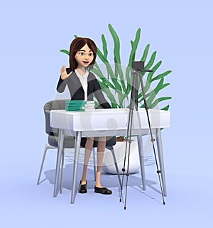 A female blogger smiles and videotapes herself. Blogging concept. 3D Render