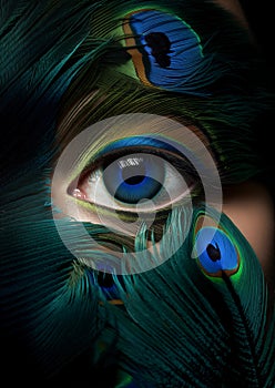 Female blue eye close up with similar Peacock feathers.