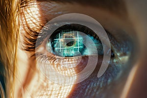 Female blue eye with digital grid simulating laser surgery