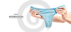 Female blue panties thong in hands pattern