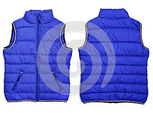 Female blue quilted vest isolated on white background. Mockup. Both sides photo