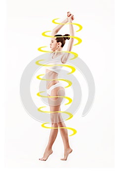 Female body with a cycle arrows. Fat lose, healthy eating and nutrition concept.