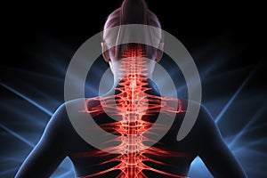 Female body with highlighted spine against blue light spot design on black background, Digital composite highlighting the spine of