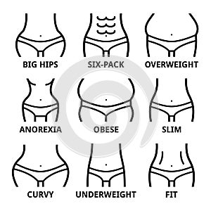 Female body shape - fit, big hips, obese, overweight, slim, anorexia, six-pack, obese, fat, curvy