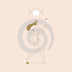 Female body vector illustration. Nude woman silhouette composition, geometric shapes feminine figure, boho colored