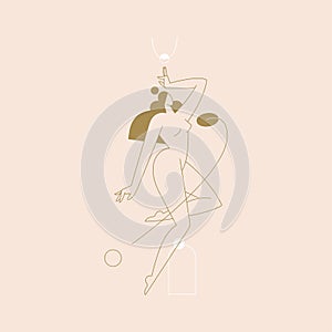 Female body vector illustration. Nude woman silhouette composition, geometric shapes feminine figure, boho colored