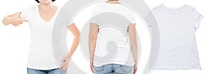 Female body white t-shirt set mock up, white t shirt closeup isolated on white background