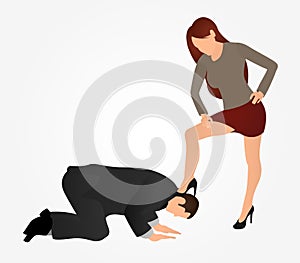 Female boss leg presses on a man. Businessman kneel down. The concept of manipulation and control over people. Slavery at work