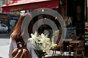 female with a bouquet of lilies, walking past a streetside caf photo