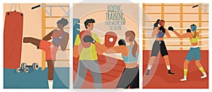 Female boxers fighting and training in a gym. Woman kick boxing sport posters vector set. Black woman kicking bag in