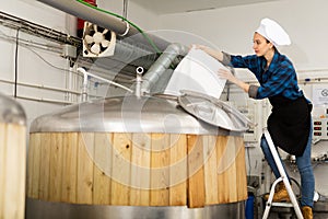 Female brewer pouring malted grain from bag into fermenter in brewery